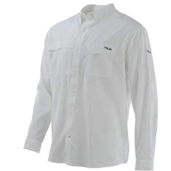 HUK Men's Tide Point Long Sleeve Shirt | Performance Button Down, White, Large N - Picture 1 of 10
